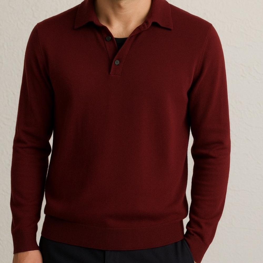 Hugo Boss Virgin Wool Polo V Neck Long Sleeve Maroon Large Soft Mens Sweater